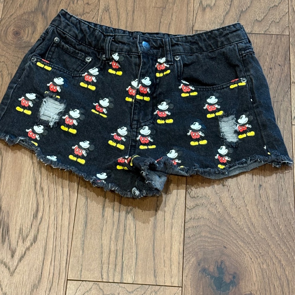 Disney Forever‎ 21 Mickey Mouse Distressed Denim Shorts Black Women 26